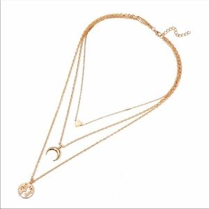 Multilayer necklace 3 drop style Map, Heart, and Moon at 3 levels 3” extension